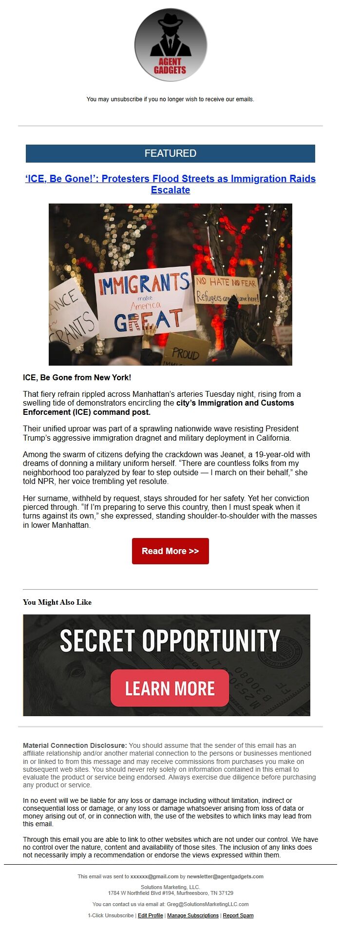 Screenshot of the email generated on import