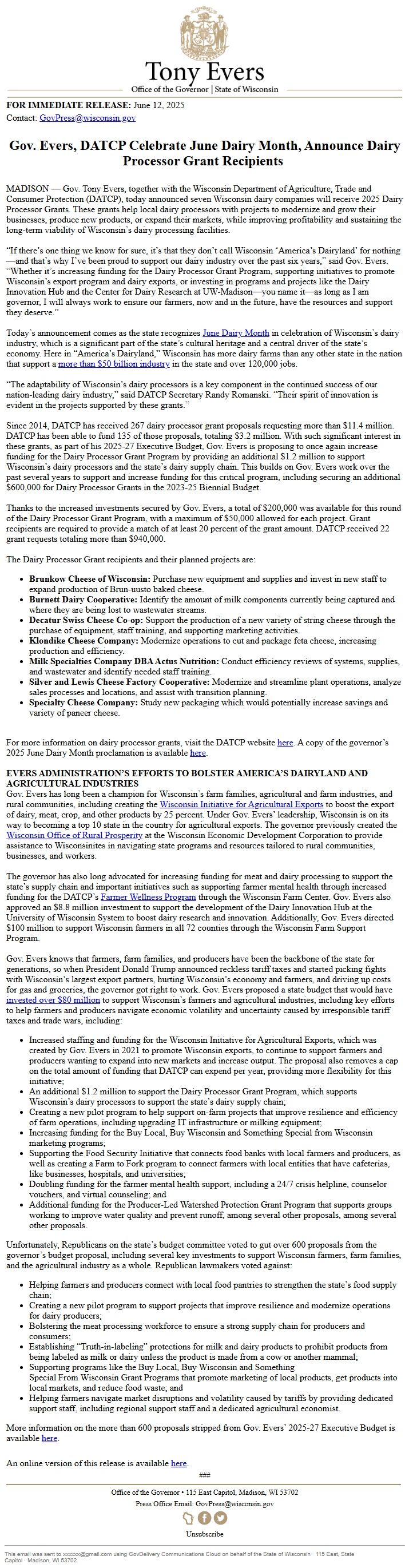 Screenshot of the email generated on import
