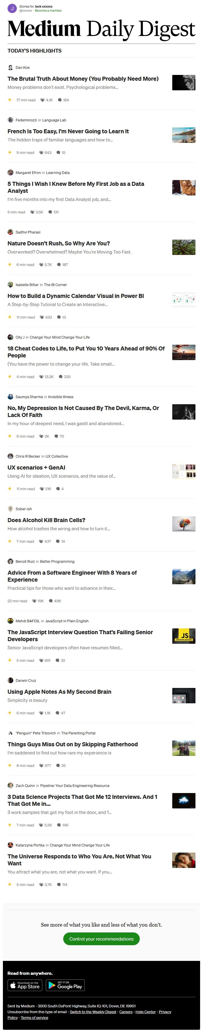 Screenshot of the email generated on import
