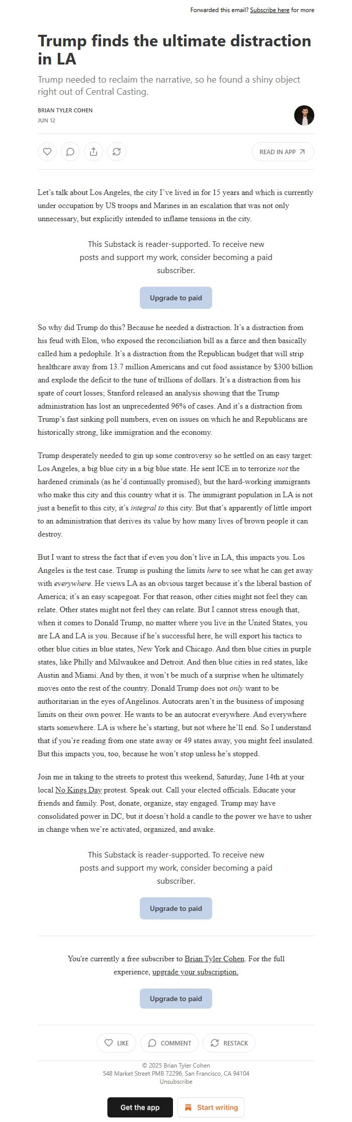 Screenshot of the email generated on import