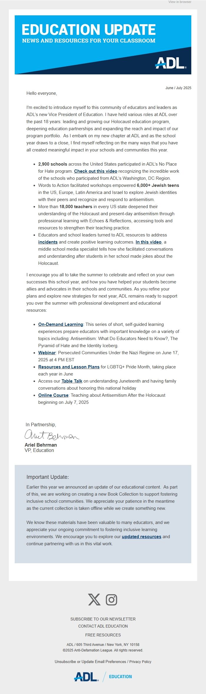 Screenshot of the email generated on import