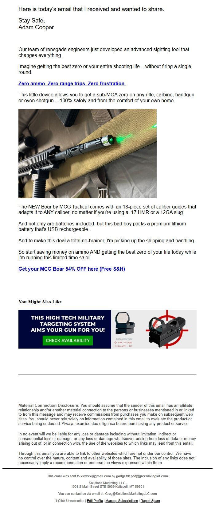 Screenshot of the email generated on import