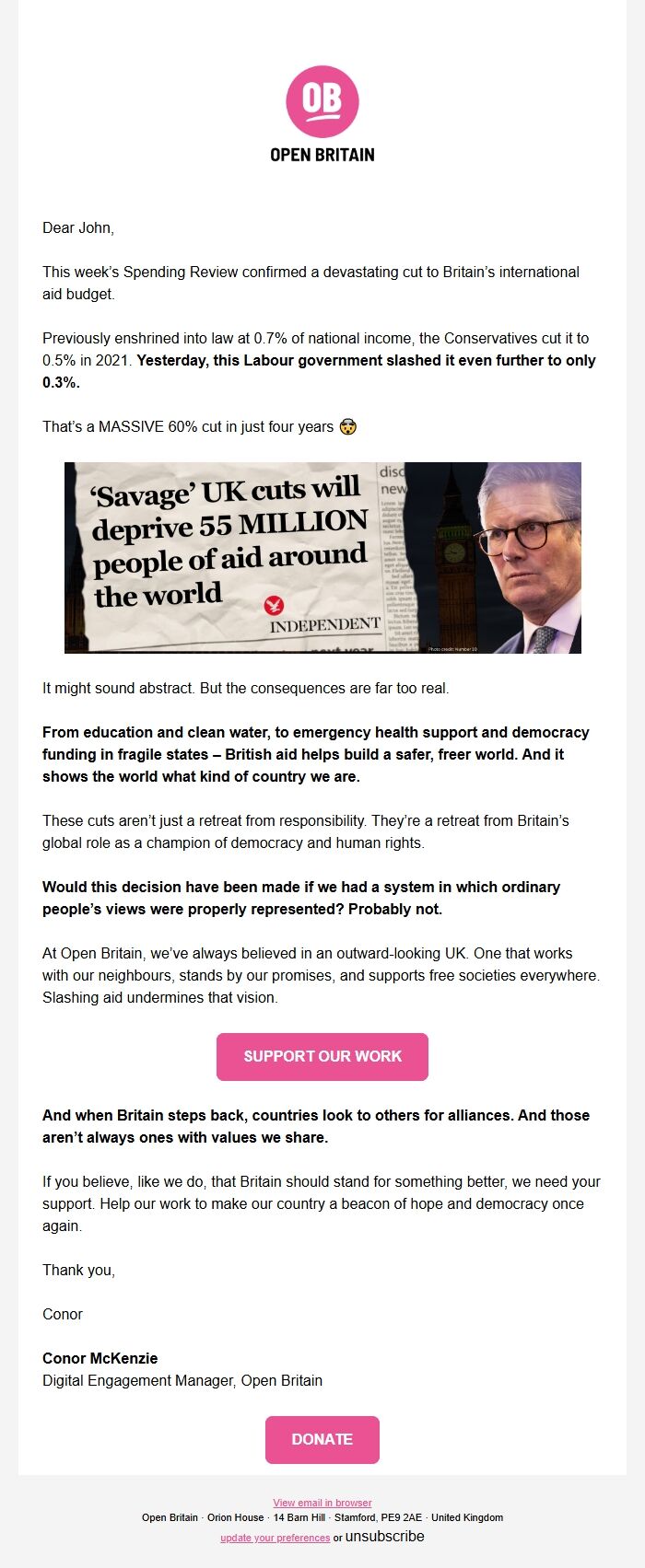Screenshot of the email generated on import