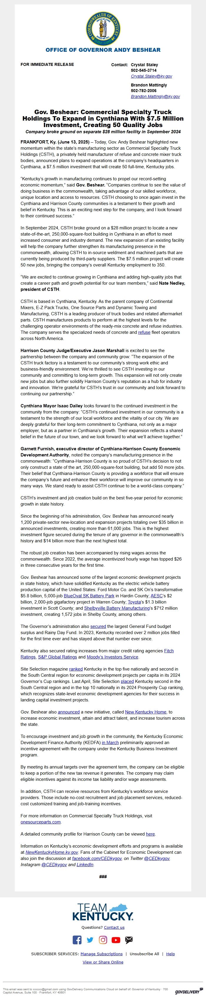 Screenshot of the email generated on import