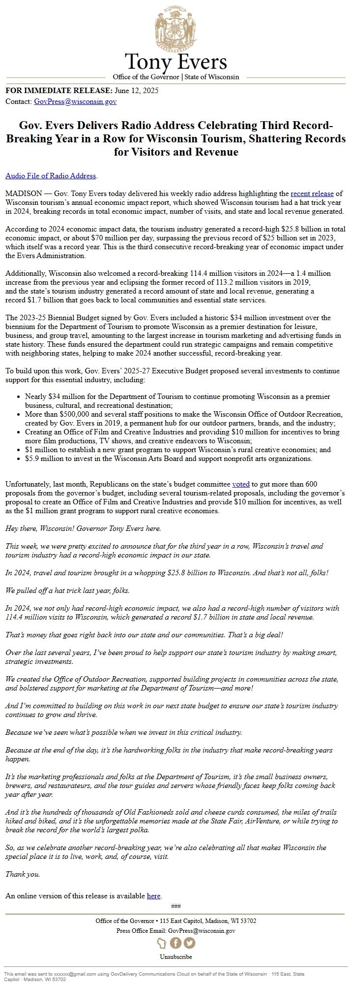 Screenshot of the email generated on import