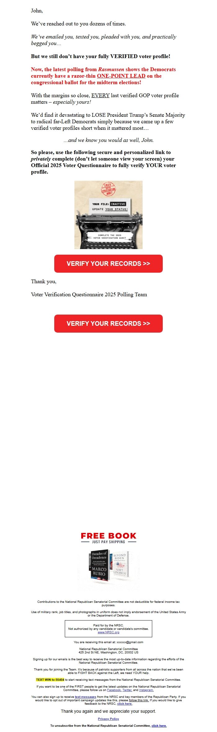 Screenshot of the email generated on import