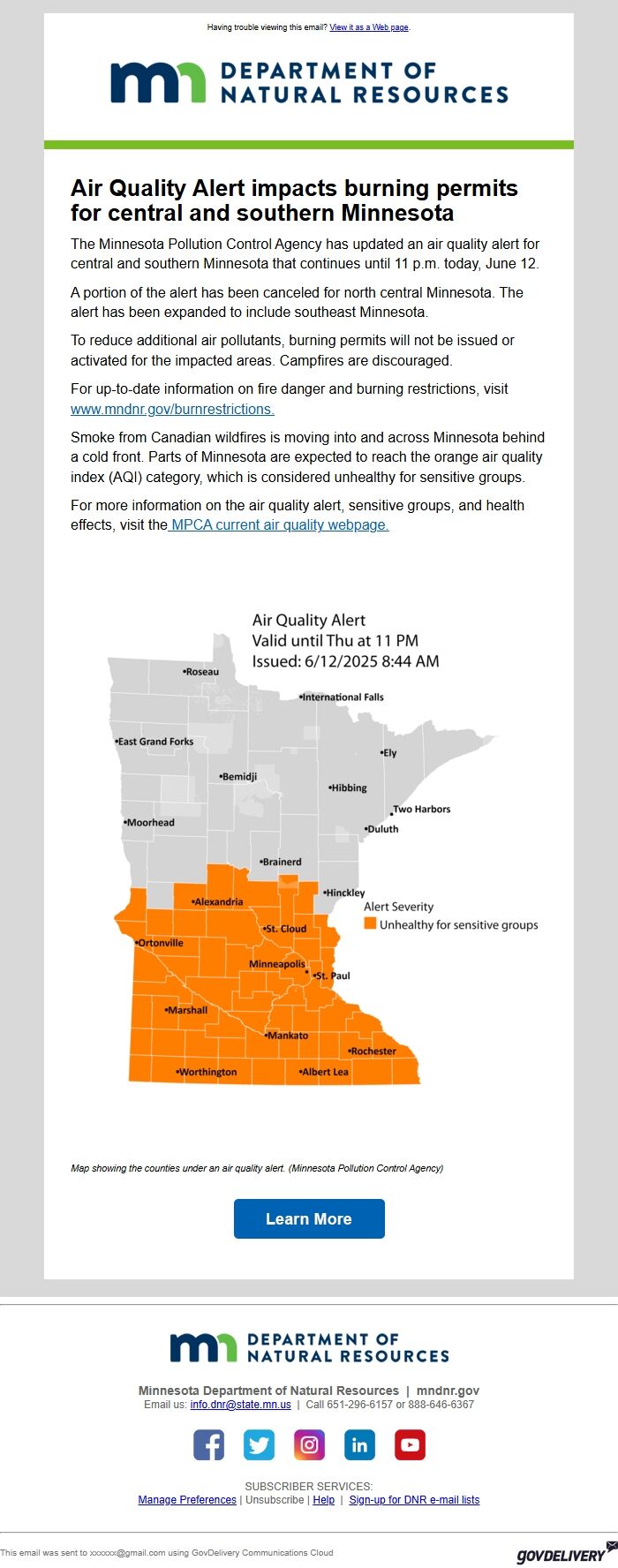 Screenshot of the email generated on import