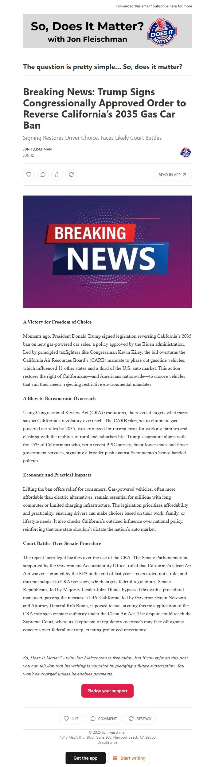 Screenshot of the email generated on import