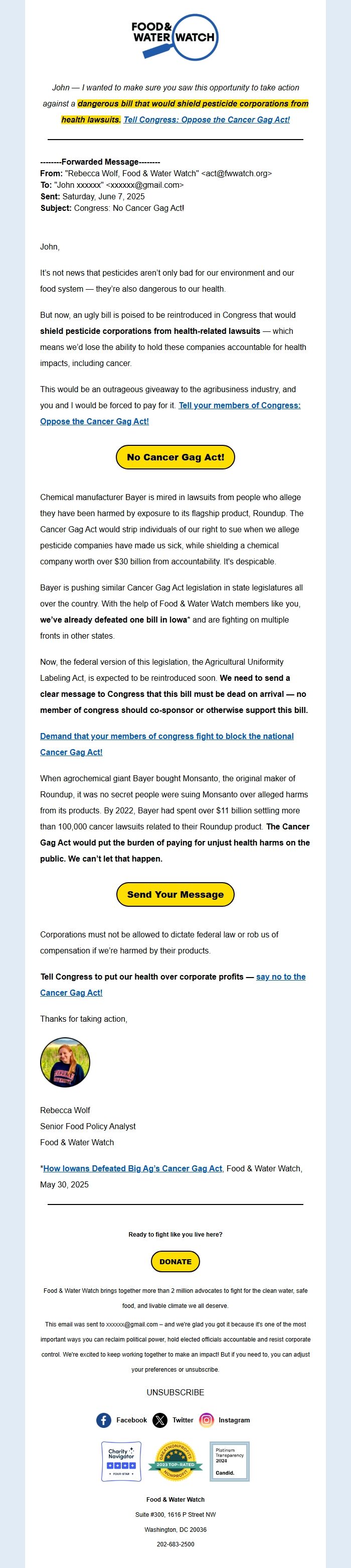 Screenshot of the email generated on import