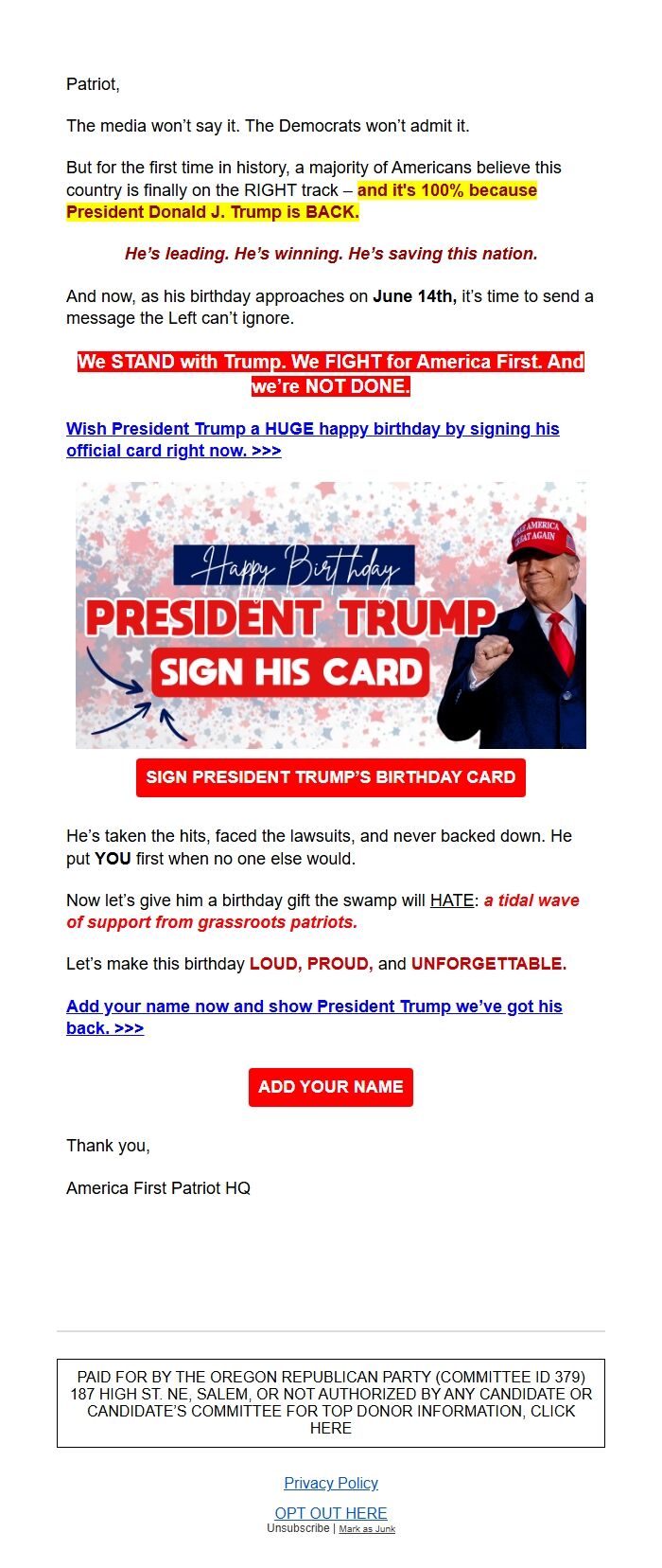 Screenshot of the email generated on import
