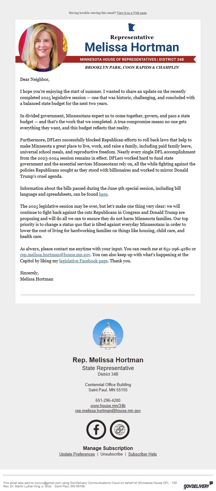 Screenshot of the email generated on import