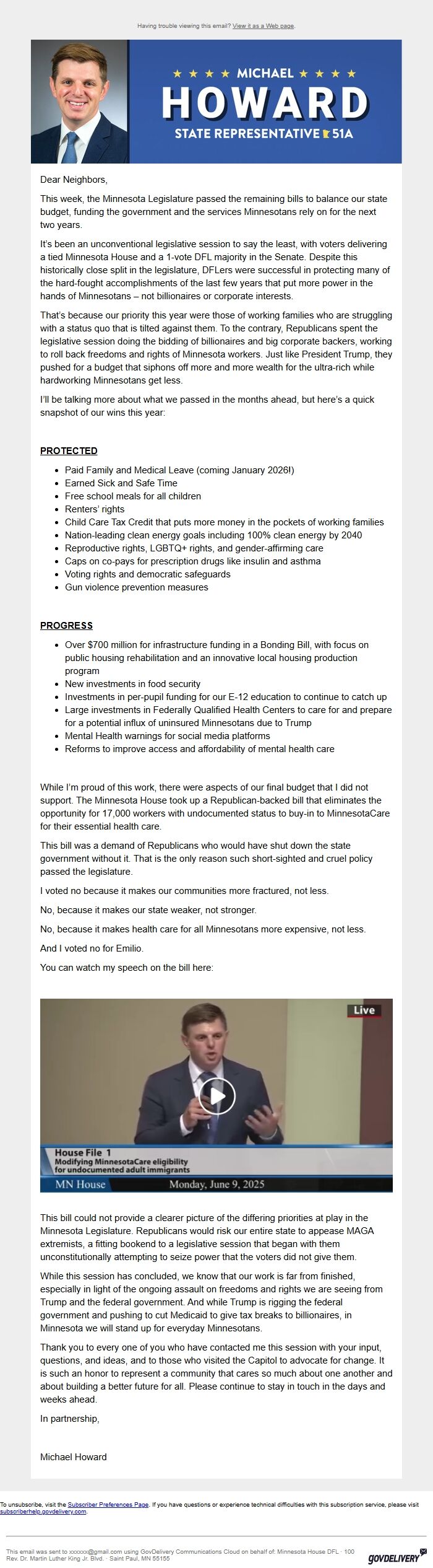 Screenshot of the email generated on import