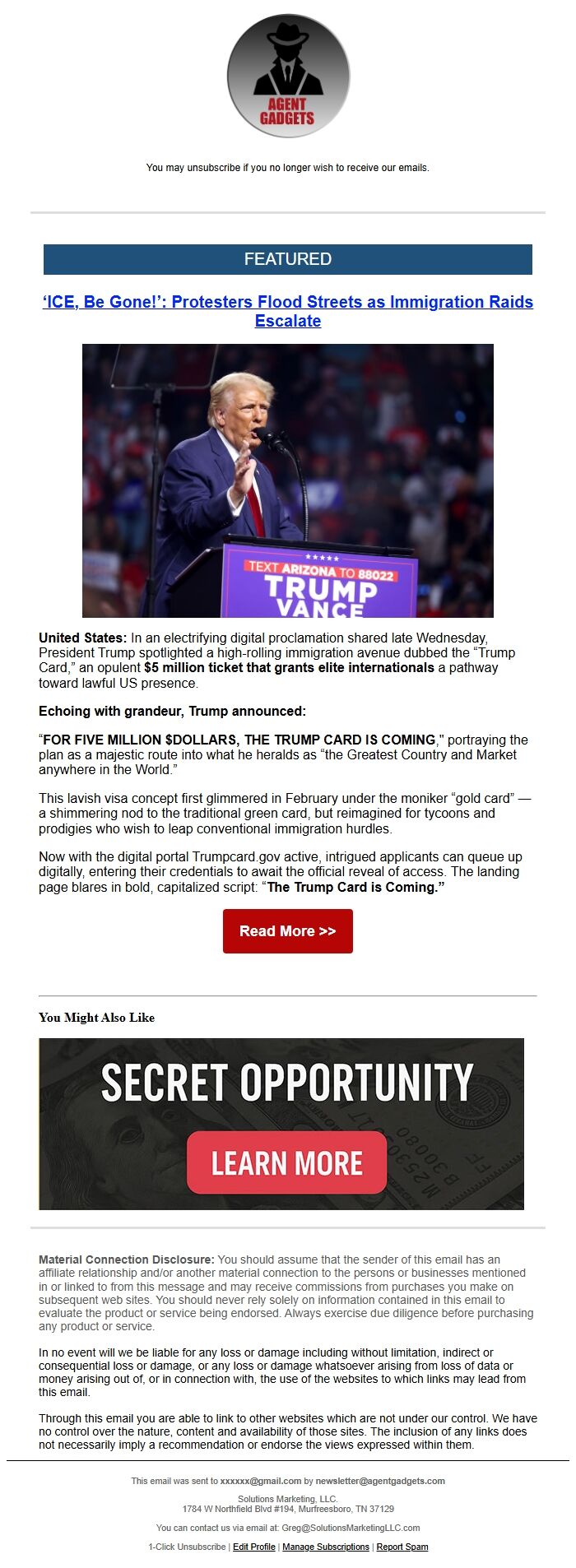 Screenshot of the email generated on import