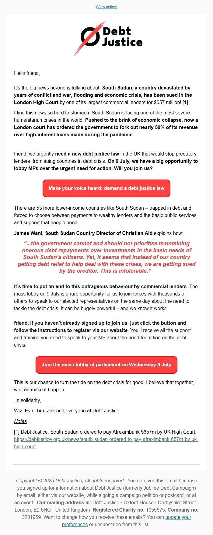 Screenshot of the email generated on import