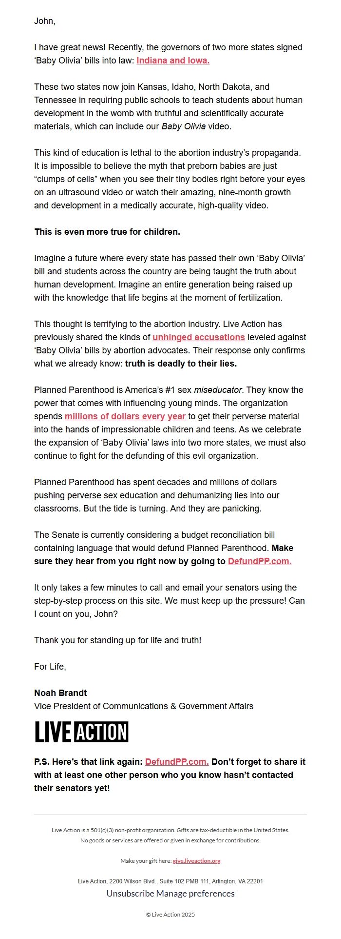 Screenshot of the email generated on import