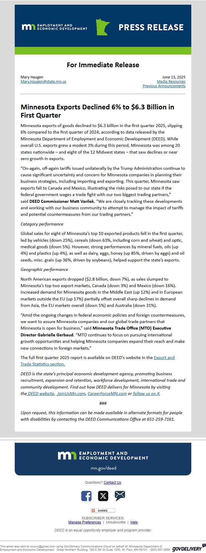 Screenshot of the email generated on import