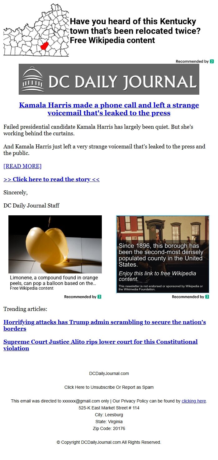 Screenshot of the email generated on import
