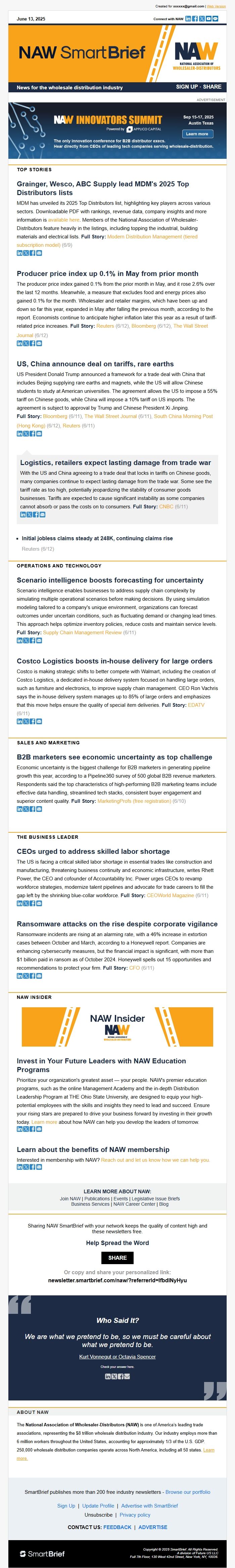 Screenshot of the email generated on import