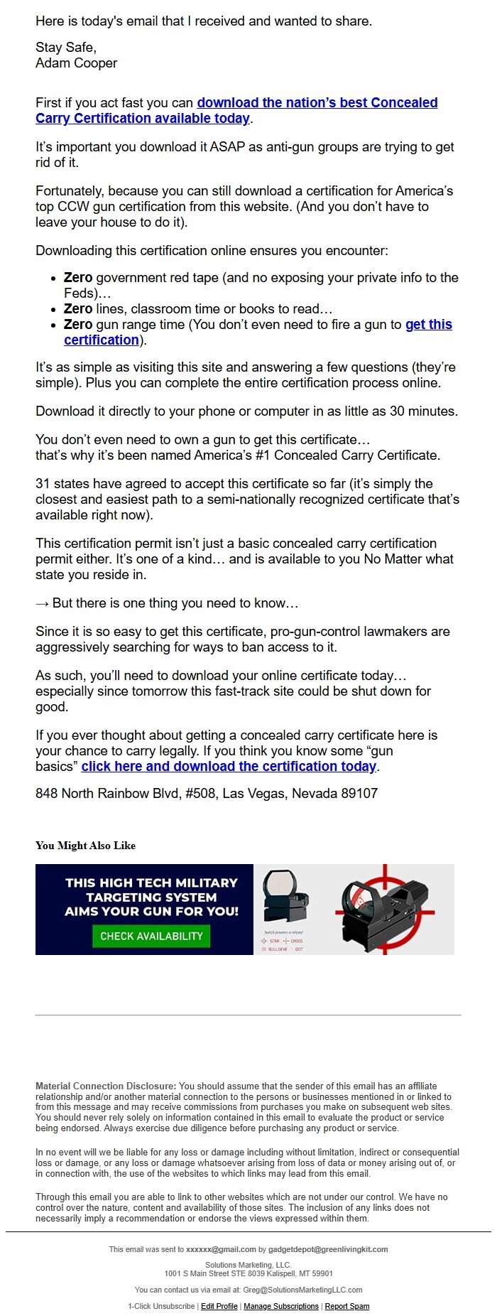 Screenshot of the email generated on import