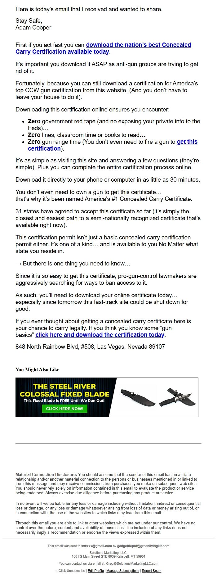 Screenshot of the email generated on import