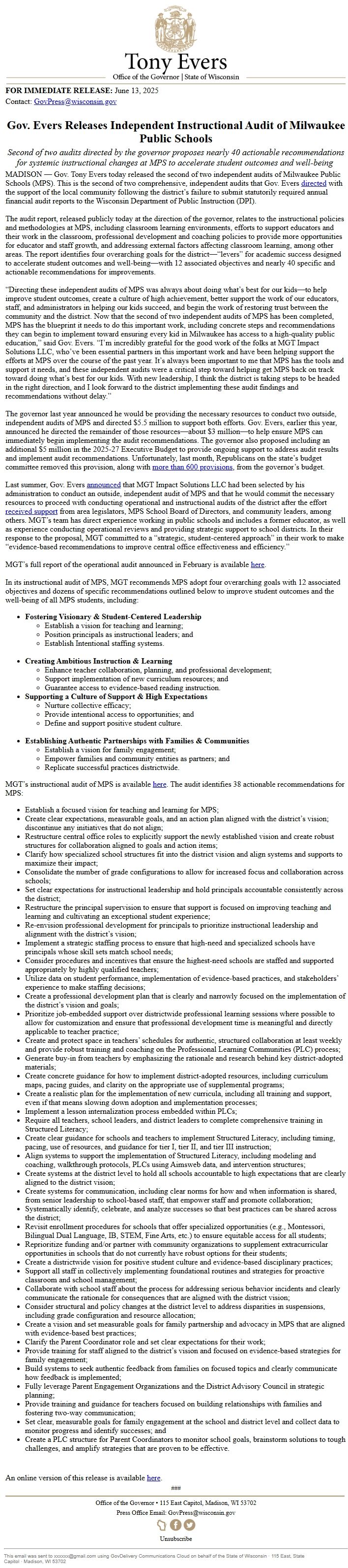 Screenshot of the email generated on import