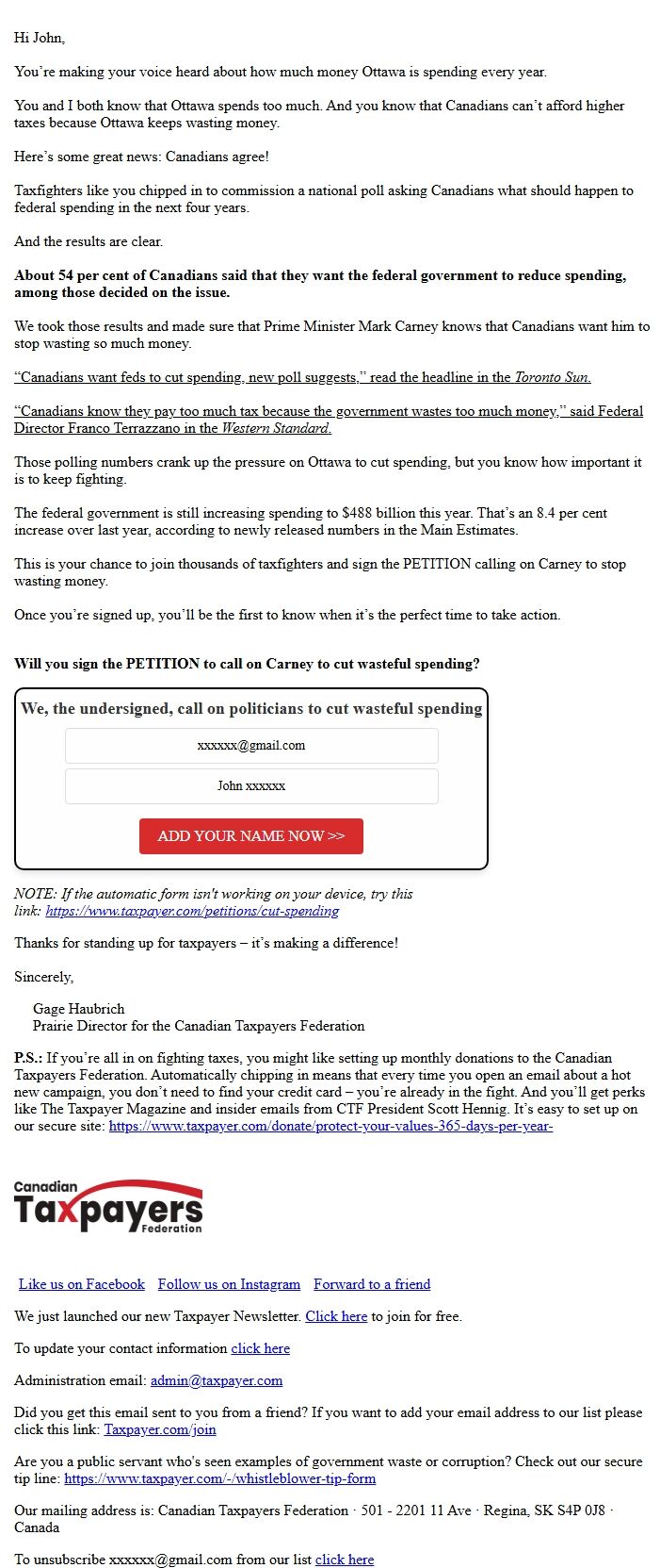 Screenshot of the email generated on import