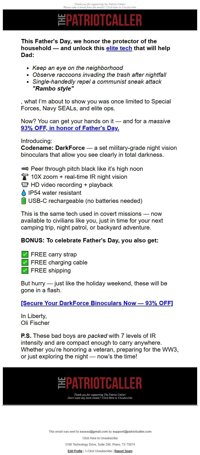 Screenshot of the email generated on import