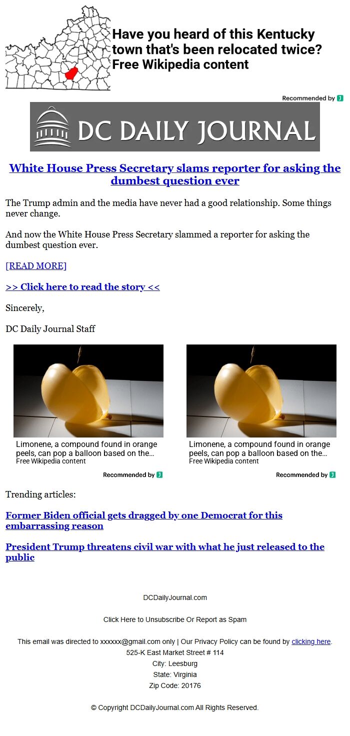 Screenshot of the email generated on import