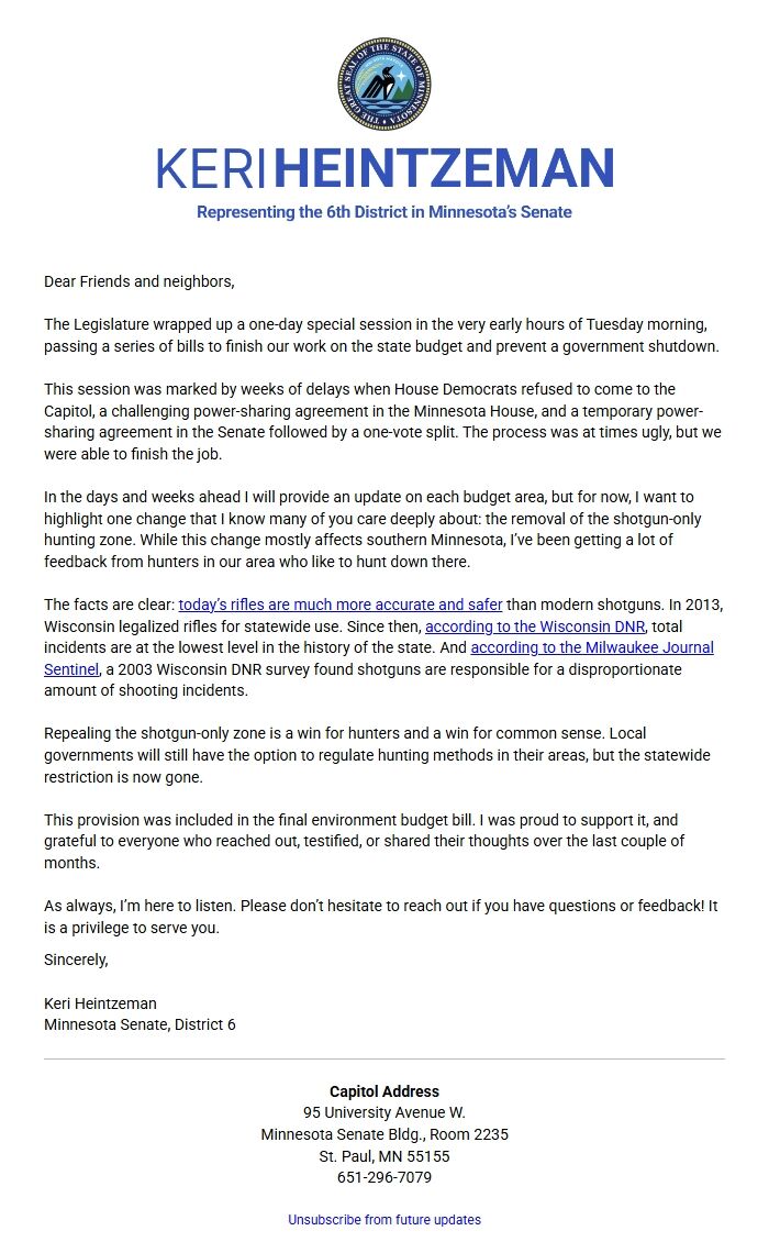 Screenshot of the email generated on import