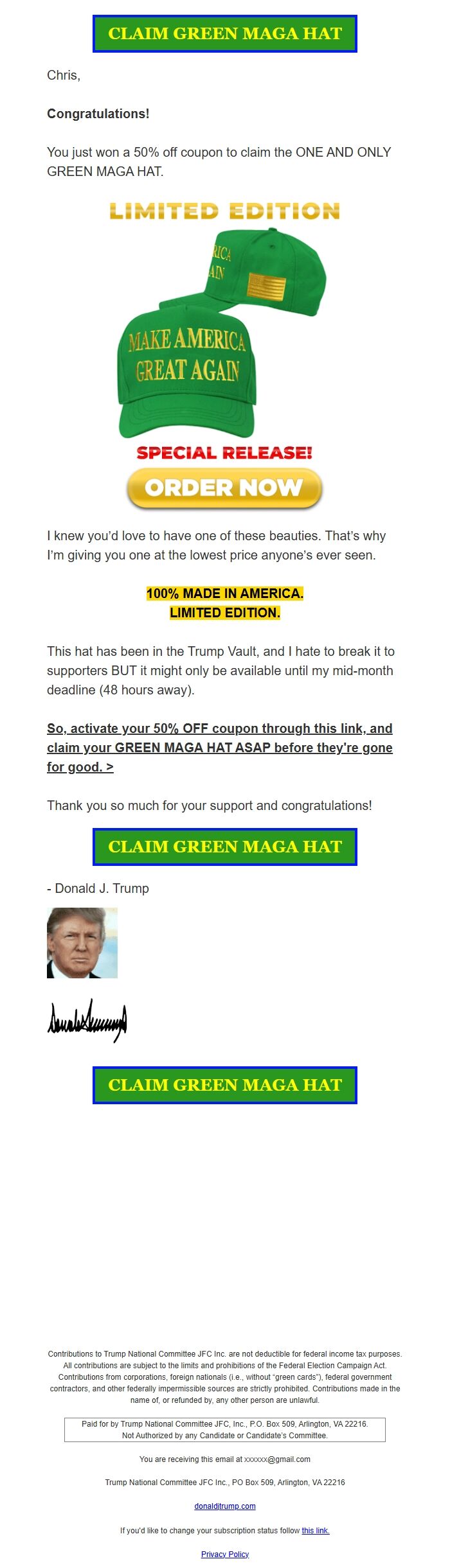 Screenshot of the email generated on import