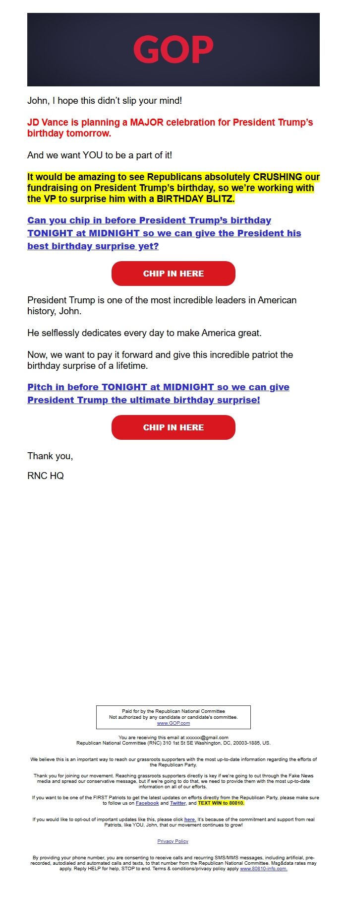 Screenshot of the email generated on import