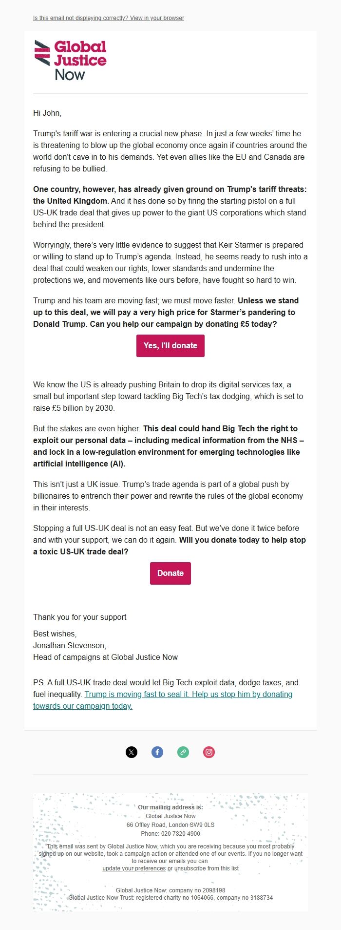 Screenshot of the email generated on import