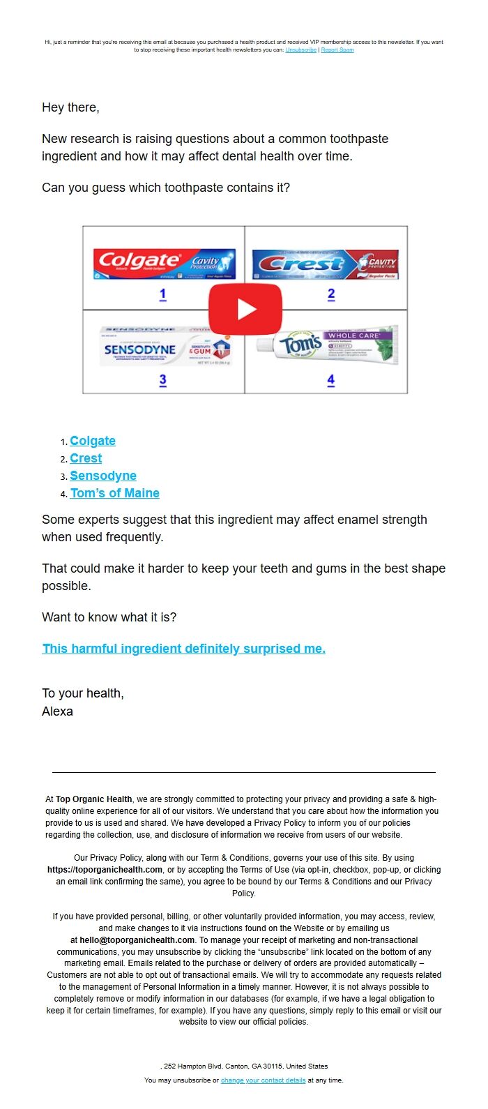 Screenshot of the email generated on import