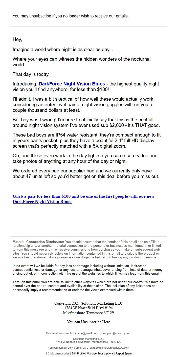 Screenshot of the email generated on import