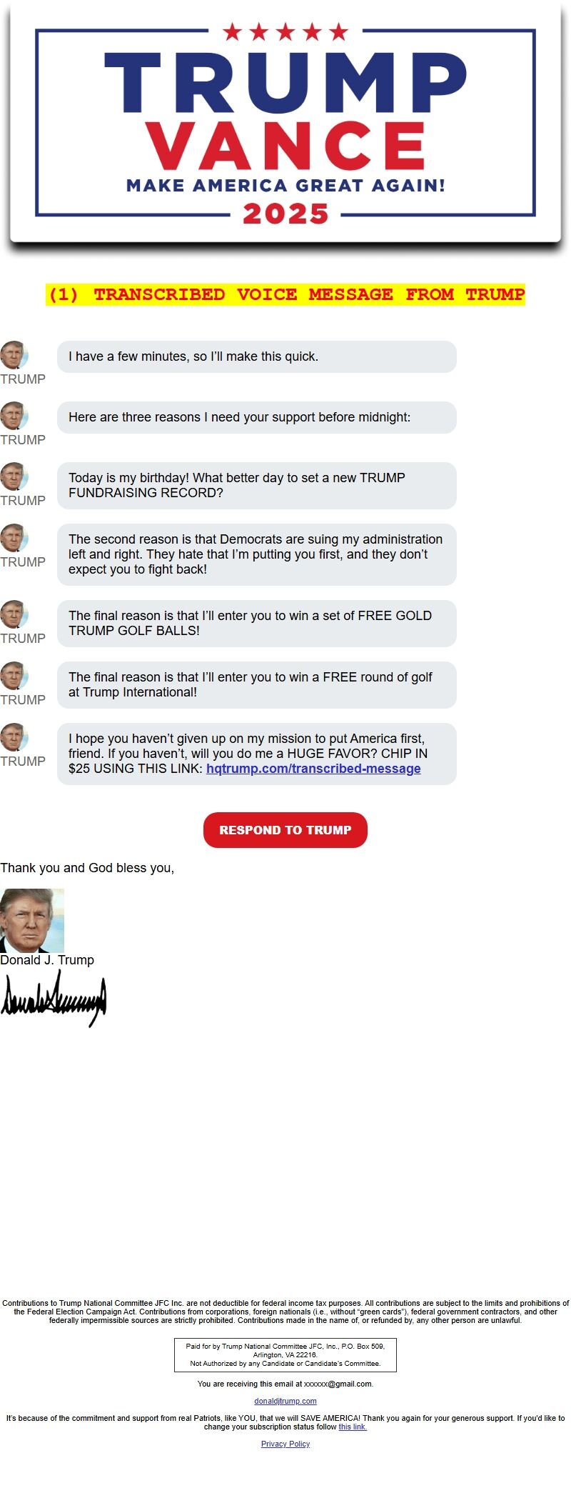 Screenshot of the email generated on import
