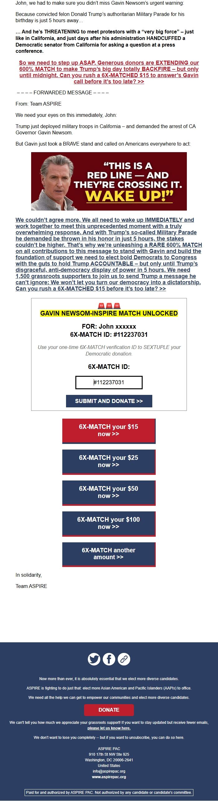 Screenshot of the email generated on import