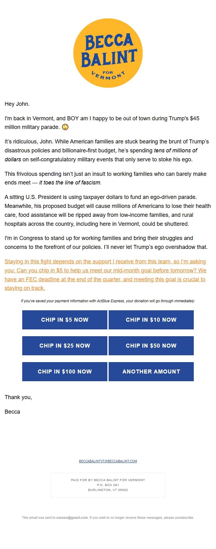 Screenshot of the email generated on import