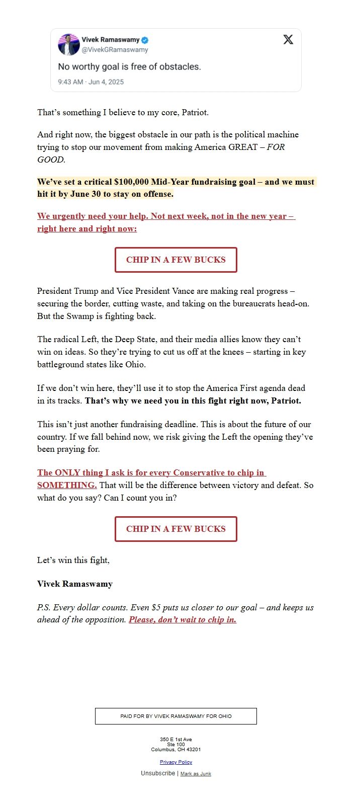 Screenshot of the email generated on import