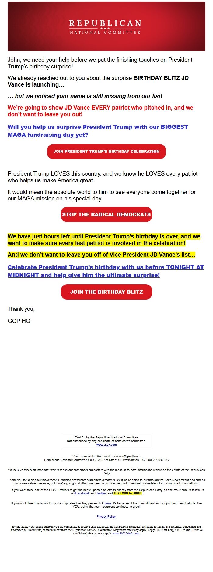 Screenshot of the email generated on import