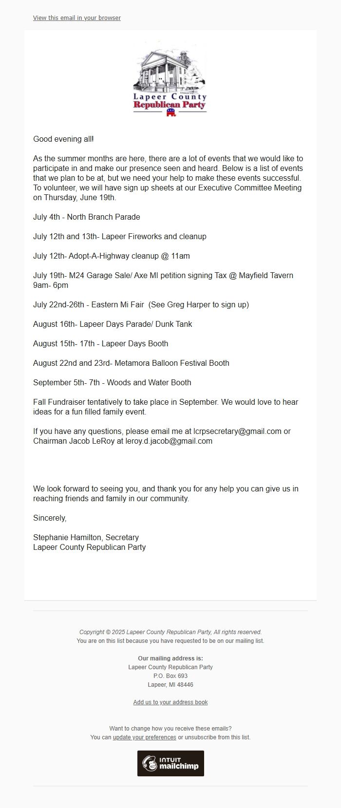 Screenshot of the email generated on import