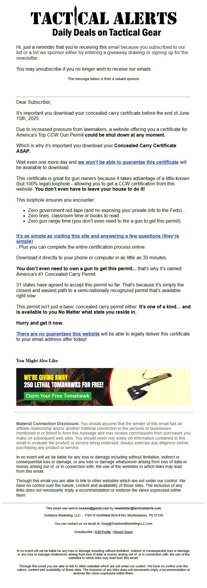 Screenshot of the email generated on import