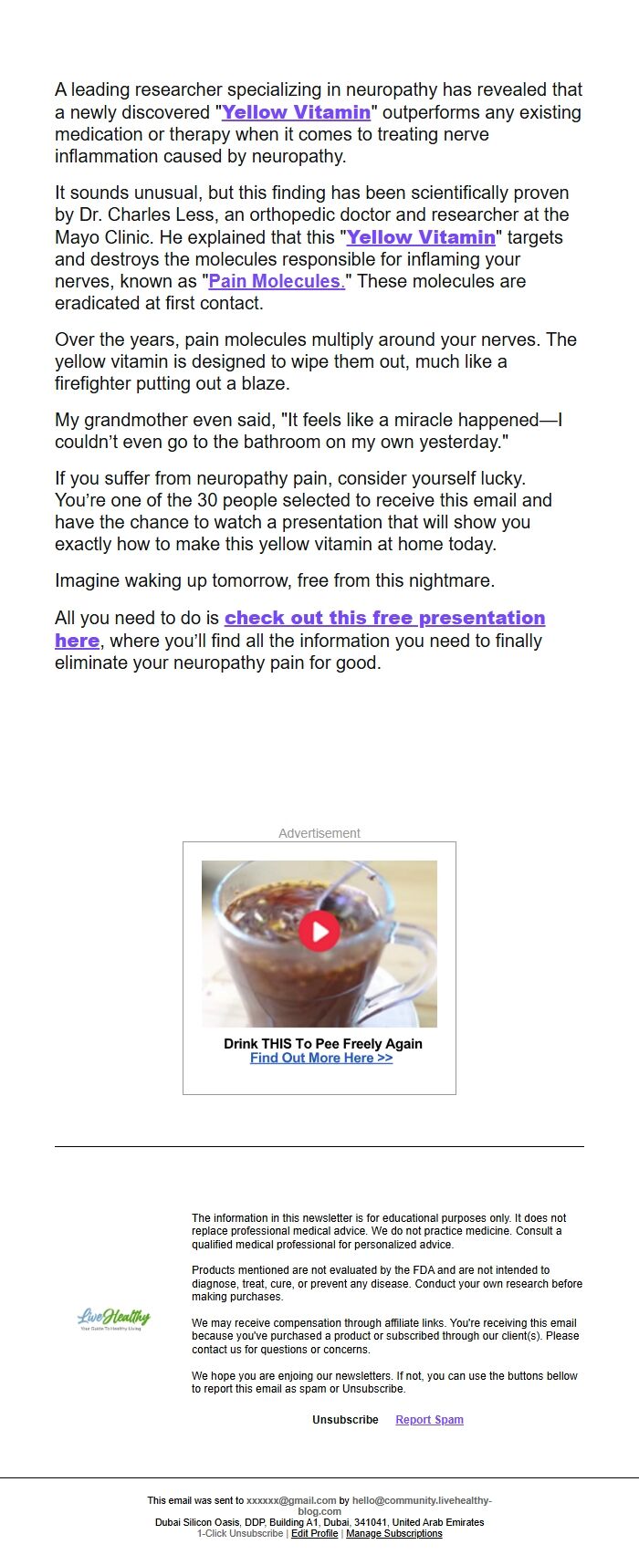 Screenshot of the email generated on import