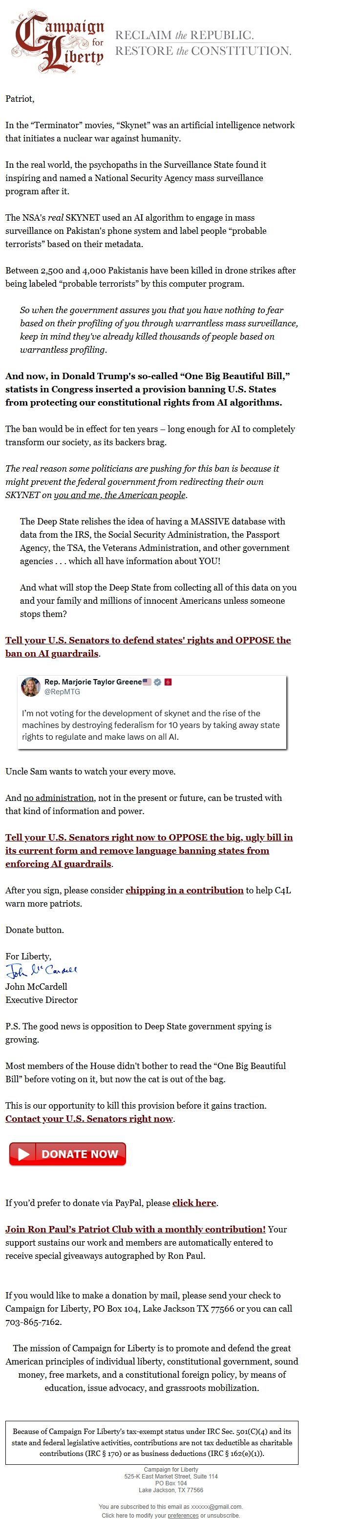 Screenshot of the email generated on import