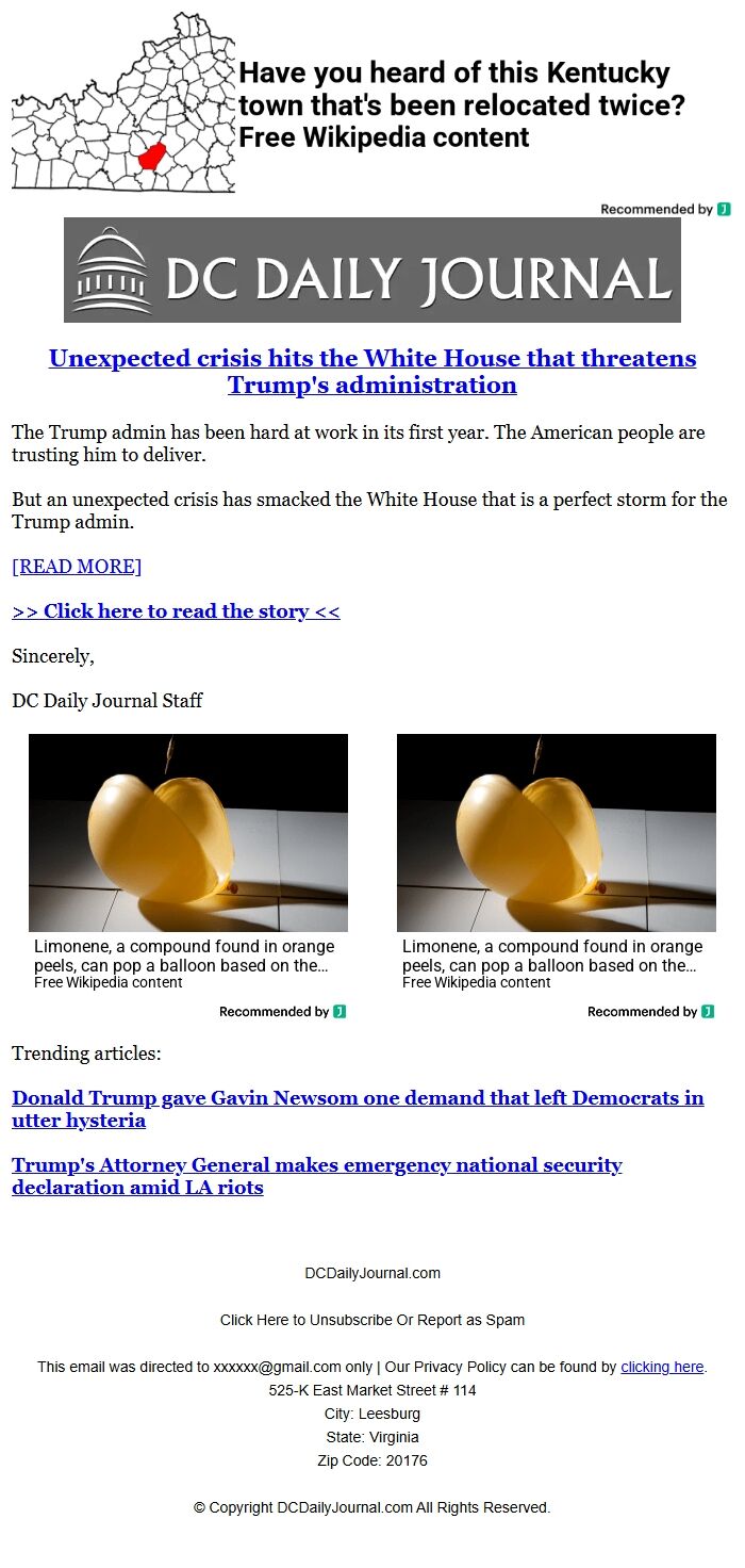 Screenshot of the email generated on import