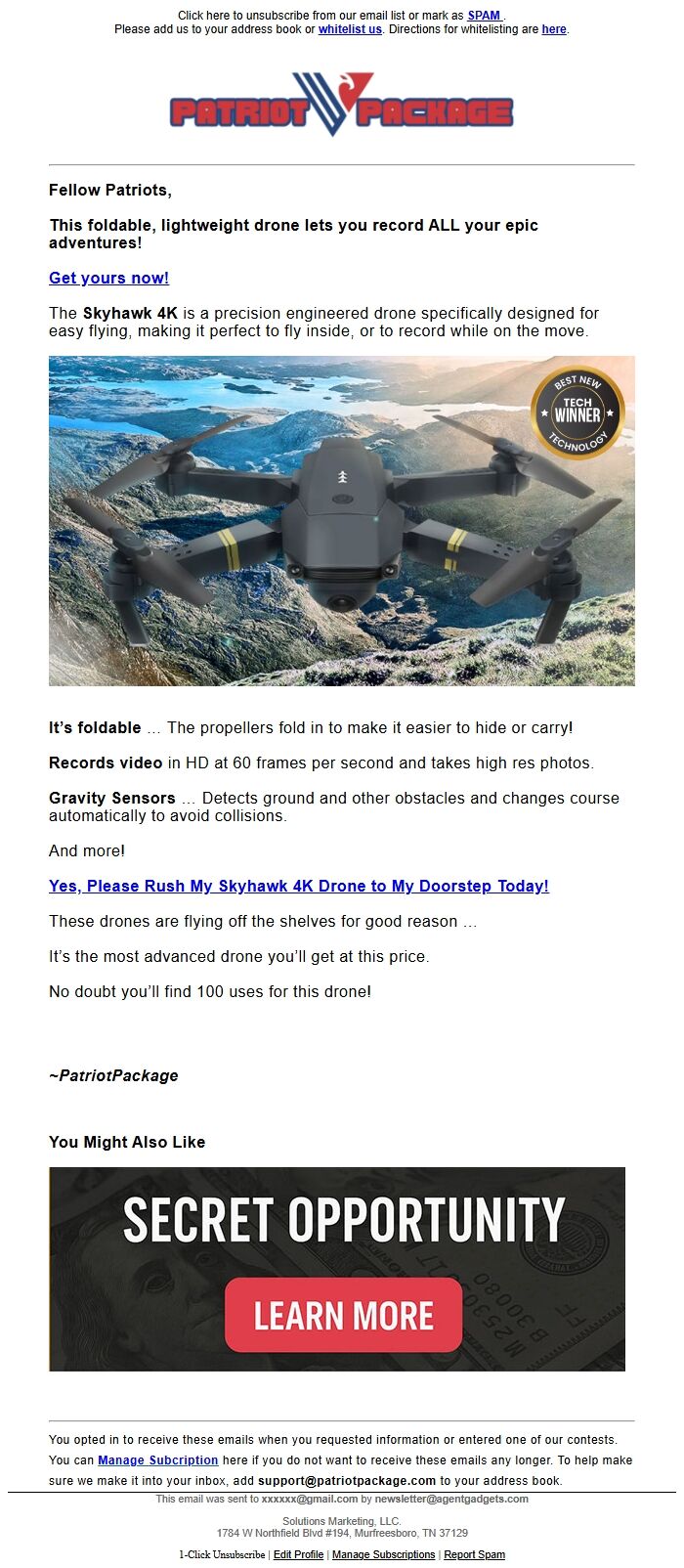 Screenshot of the email generated on import
