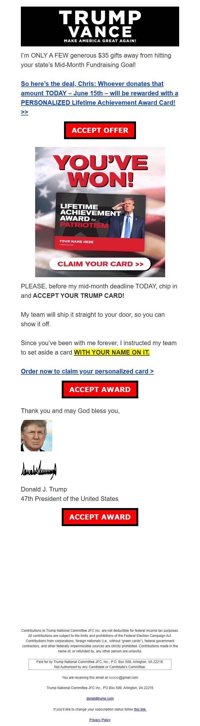 Screenshot of the email generated on import