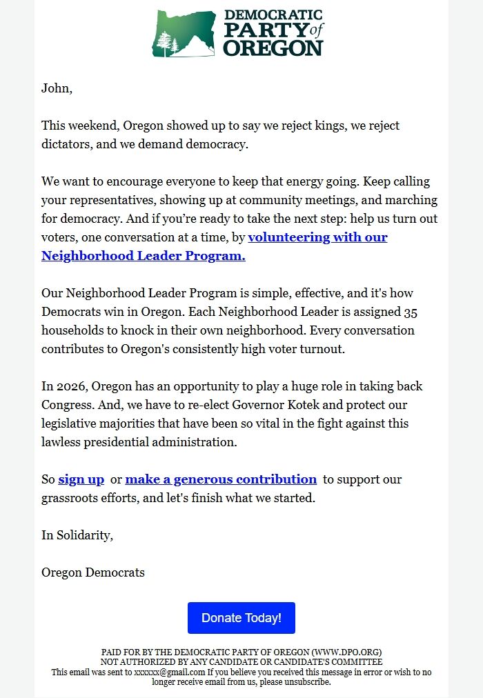 Screenshot of the email generated on import