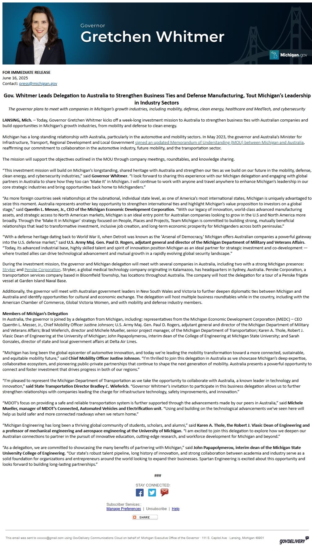 Screenshot of the email generated on import