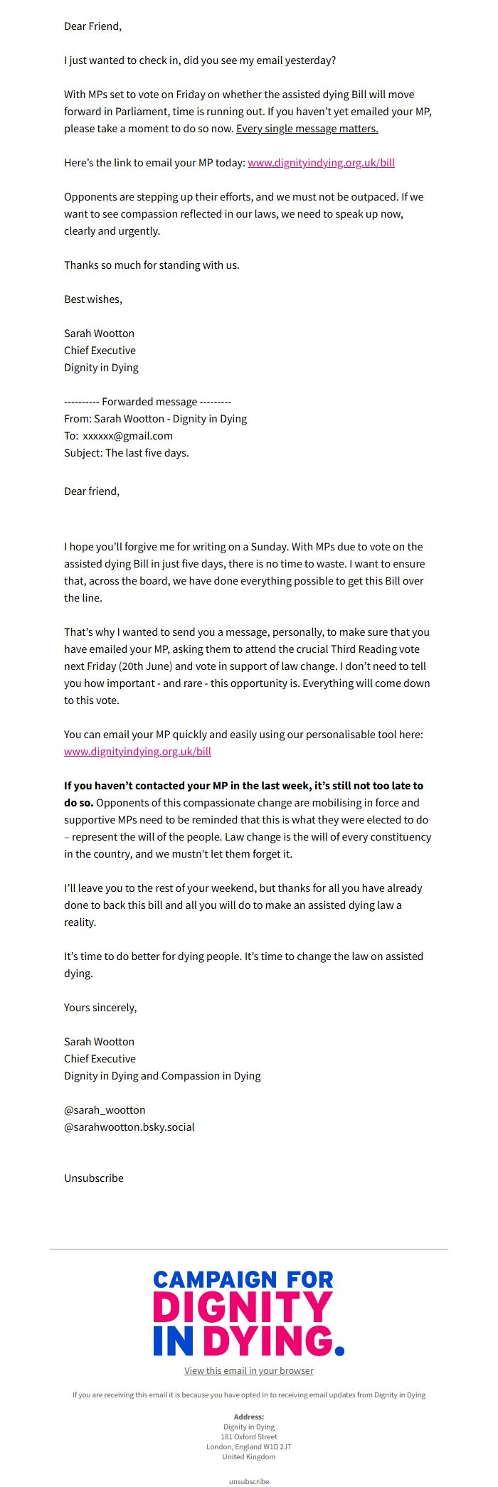 Screenshot of the email generated on import