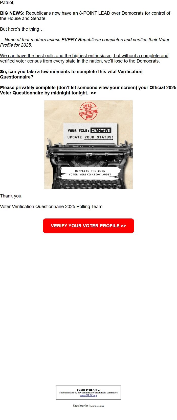 Screenshot of the email generated on import